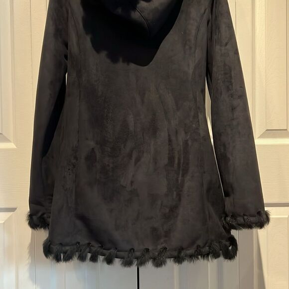 Jones New York Black Faux Suede‎ Real Rabbit Fur Trim Hooded Coat Size S - Picture 11 of 15
